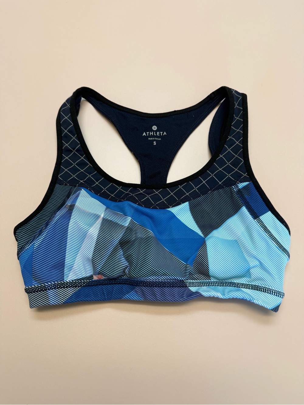 Athleta Blue Geometric Racerback Sports Bra with Black Trim